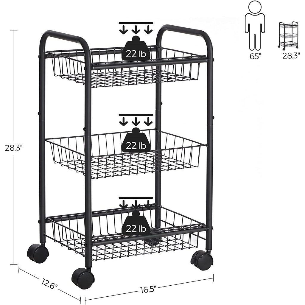 SONGMICS 3-Tier Metal Rolling Cart on Wheels with Removable Shelves Black BSC03BK