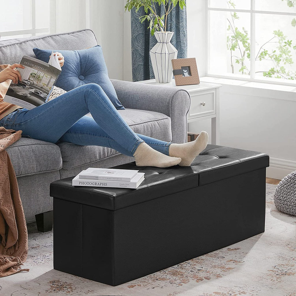 SONGMICS 110cm Folding Storage Ottoman Bench with Flipping Lid Footrest Black