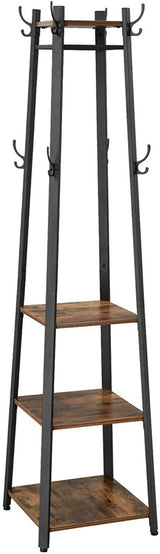 VASAGLE Coat Rack Stand with 3 Shelves Rustic Brown and Black LCR80X