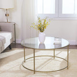 VASAGLE Round Coffee Table Glass Table with Steel Frame Gold LGT21G