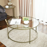 VASAGLE Round Coffee Table Glass Table with Steel Frame Gold LGT21G