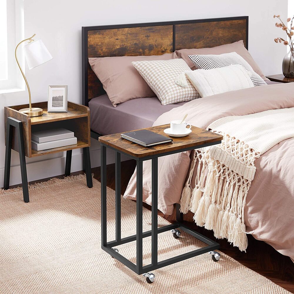 VASAGLE End Table Side Table Coffee Table with Steel Frame and Castors Rustic Brown and Black LNT50X