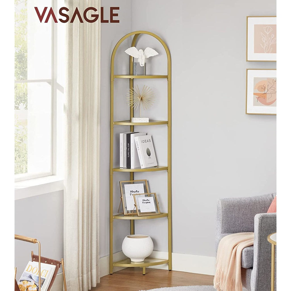 VASAGLE 5 Tier Corner Ladder Bookshelf Tempered Glass Modern Style Golden Color