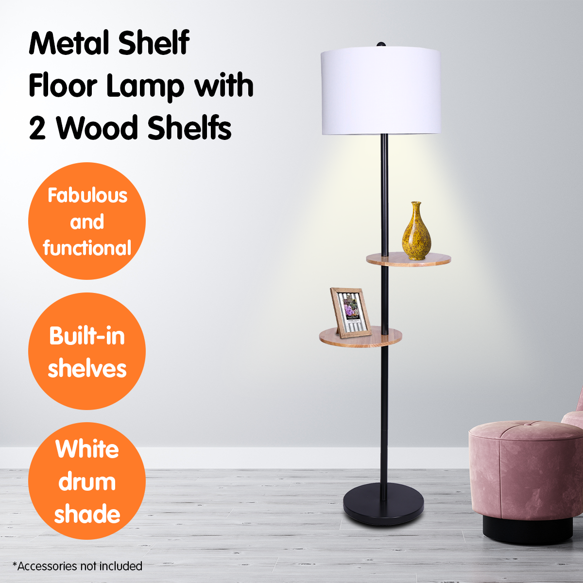 Sarantino Metal Floor Lamp Shade with Black Post in Round Wood Shelves