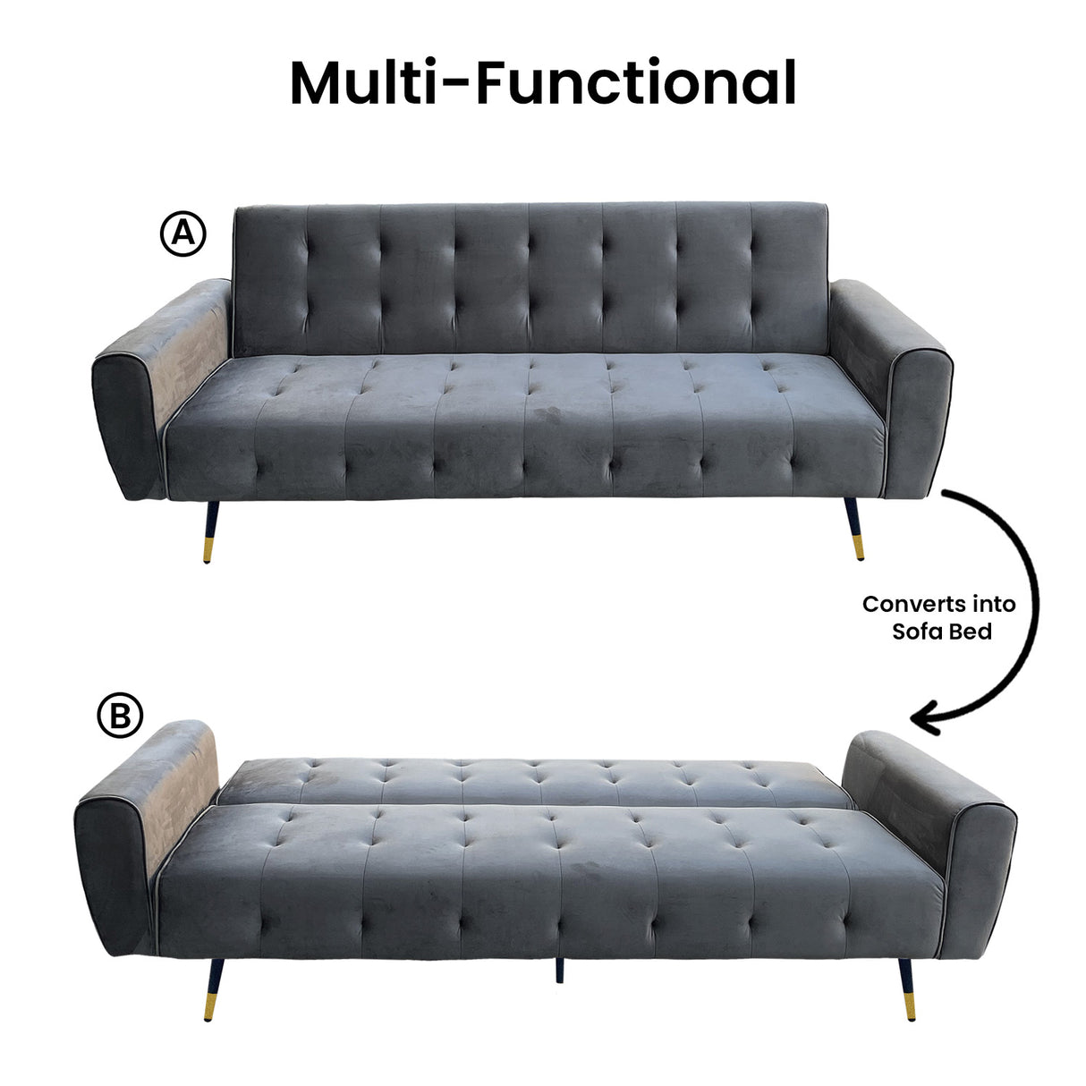 Sarantino Ava 3-seater Tufted Velvet Sofa Bed By Sarantino - Dark Grey