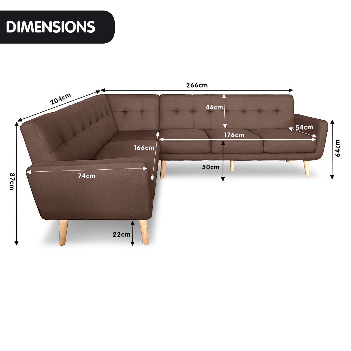 Sarantino Faux Linen Corner Wooden Sofa Lounge L-shaped Futon with Chaise - Brown