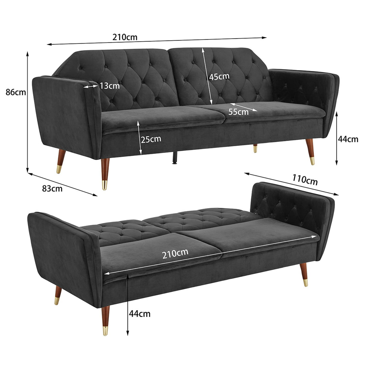 Sarantino Faux Velvet Tufted Sofa Bed Couch Futon - Black