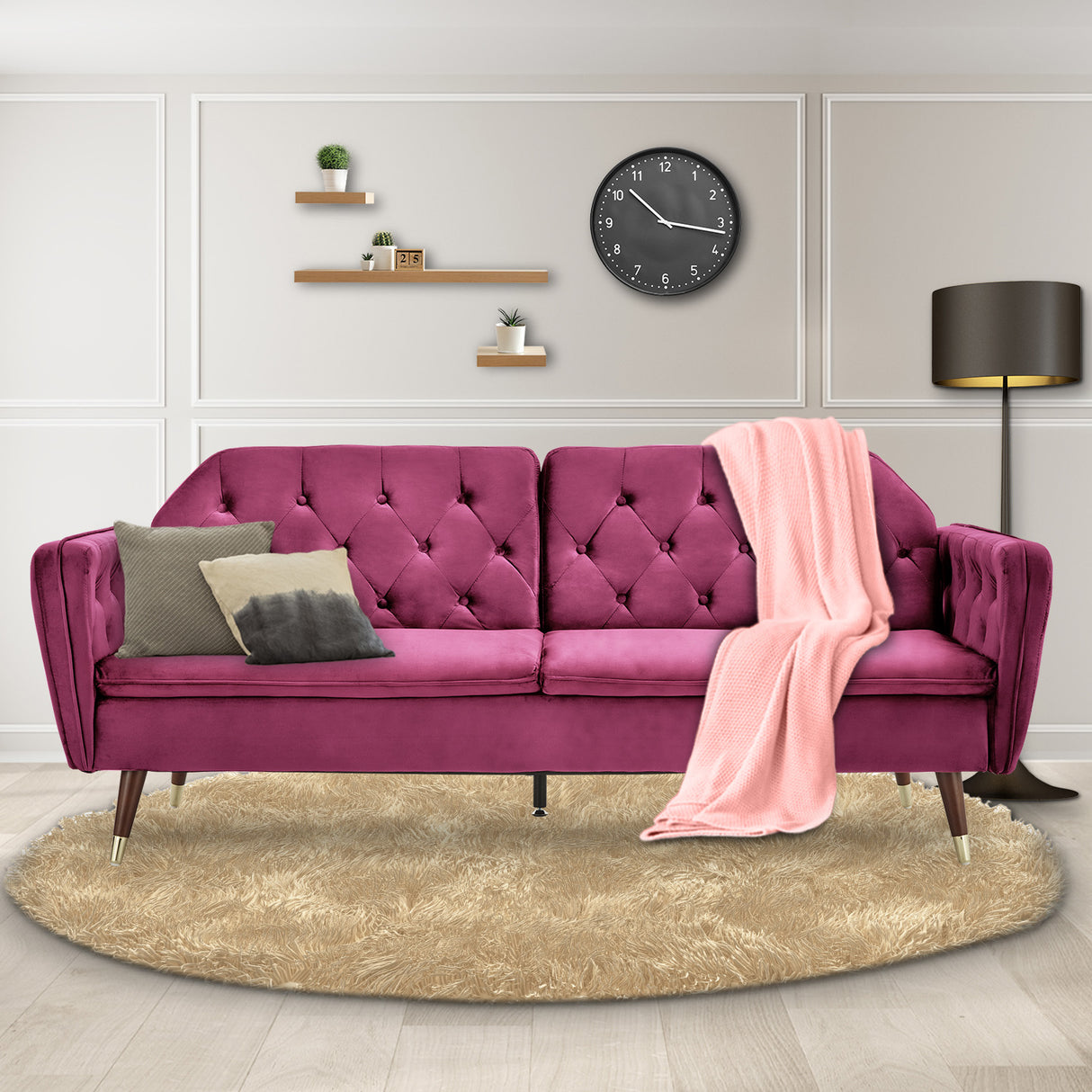 Sarantino Faux Velvet Tufted Sofa Bed Couch Futon - Burgundy