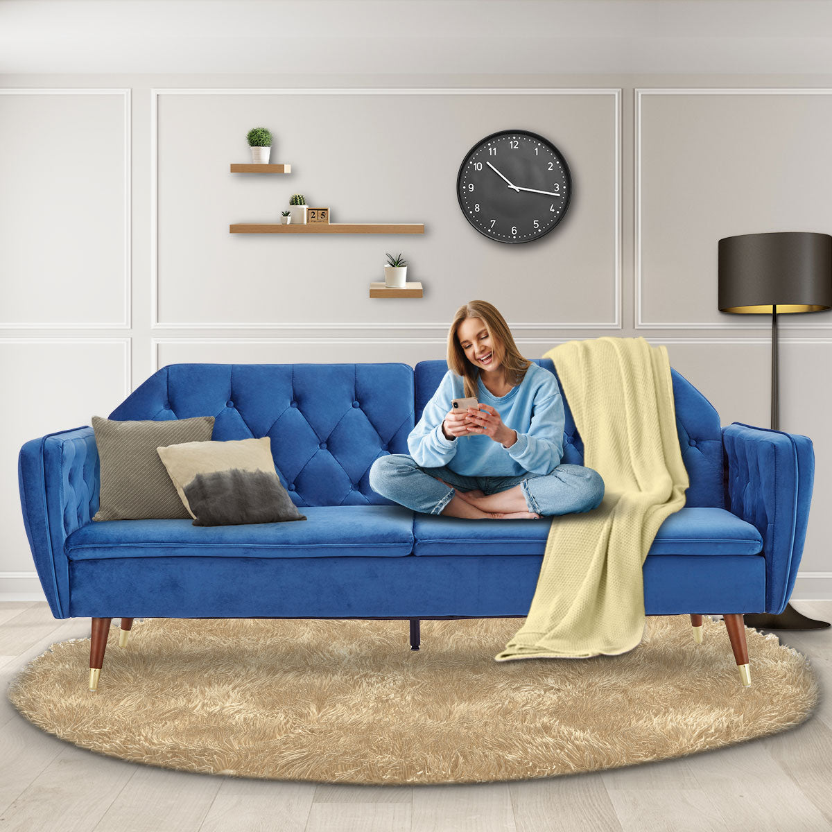 Sarantino Faux Velvet Sofa Bed Couch Furniture Lounge Suite Futon Blue