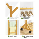 Portable Coat Stand Rack Rail Clothes Hat Garment Hanger Hook with Shelf Bamboo 9 Hook with Rack Rail Natural Finished