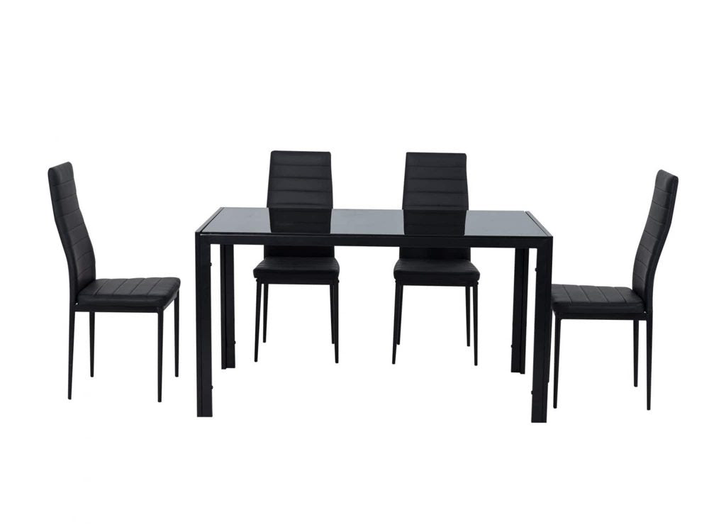 5PC Indoor Dining Table and Chairs Dinner Set Glass Leather Kitchen-Black