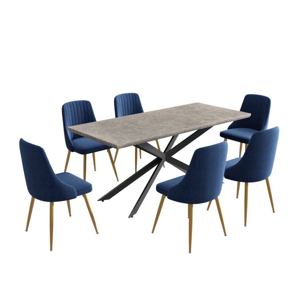 Dining Delight: Rectangular Table and Navy Velvet Chairs Dining Set