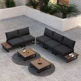 Modern Outdoor 7 Piece Lounge Set with Slatted Polywood Design Tables