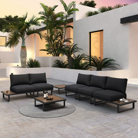 Modern Outdoor 7 Piece Lounge Set with Slatted Polywood Design Tables