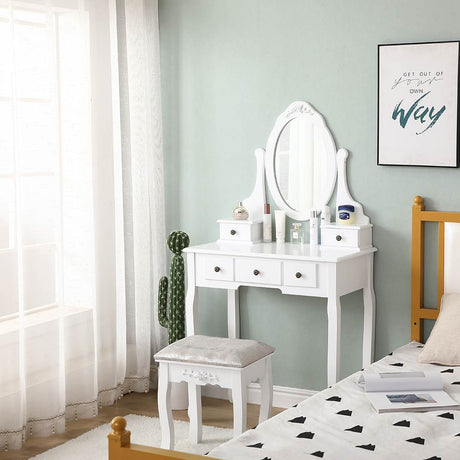 Carved Dressing Vanity Table Set with Mirror&#038;Stool- White