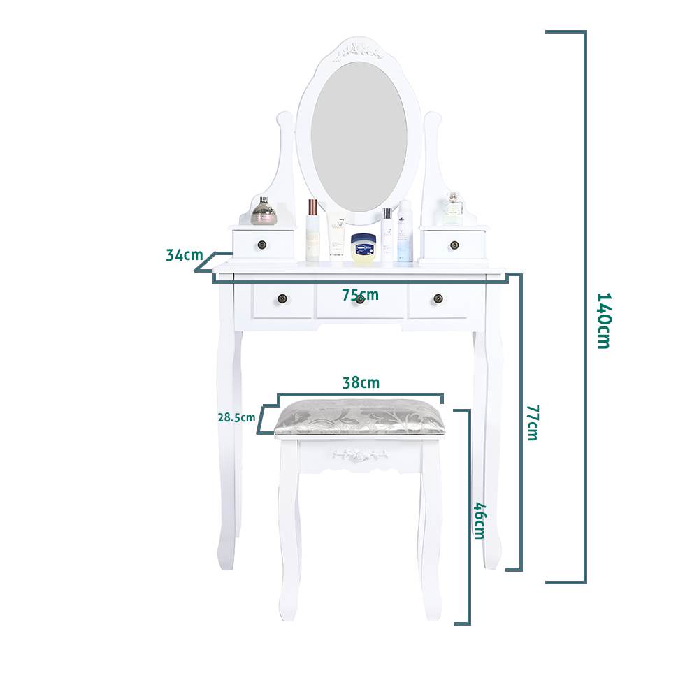 Carved Dressing Vanity Table Set with Mirror&#038;Stool- White