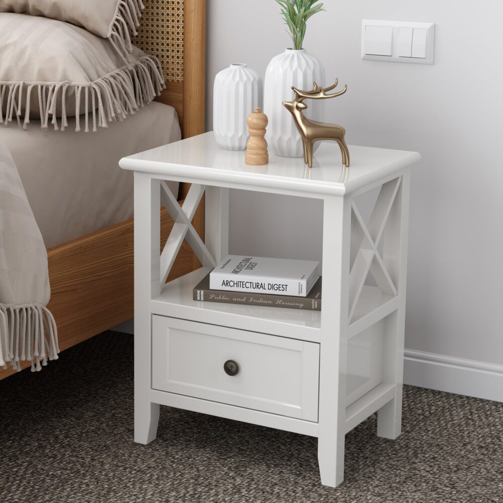 2-tier Bedside Table with Storage Drawer 2 PC &#8211; Rustic White