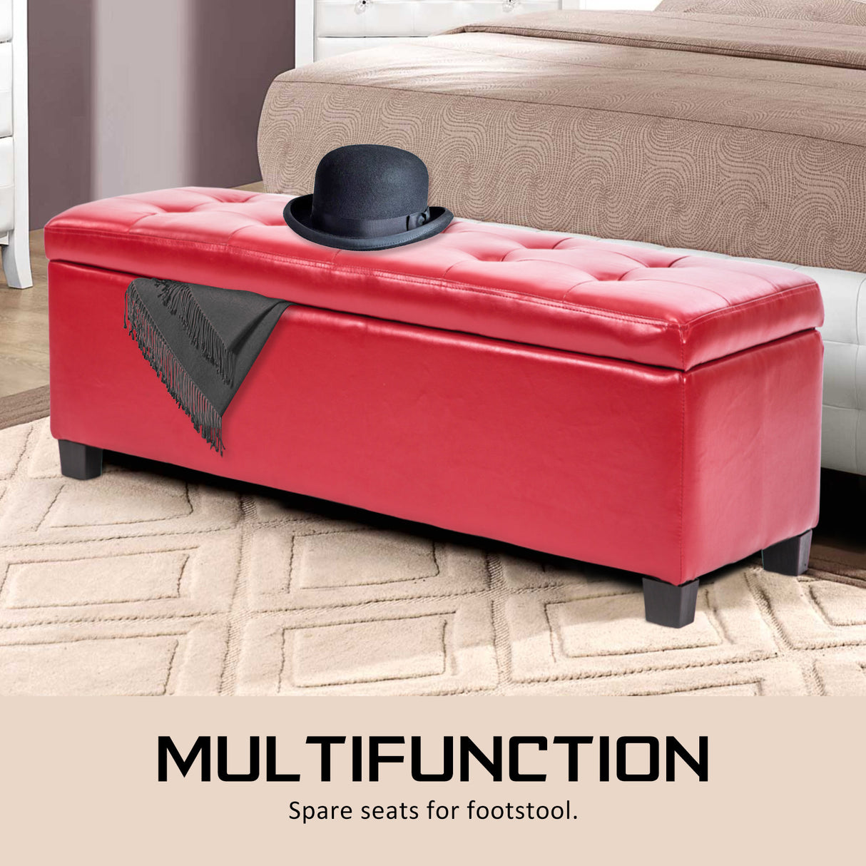 La Bella 102cm Red Storage Ottoman Stool Leather