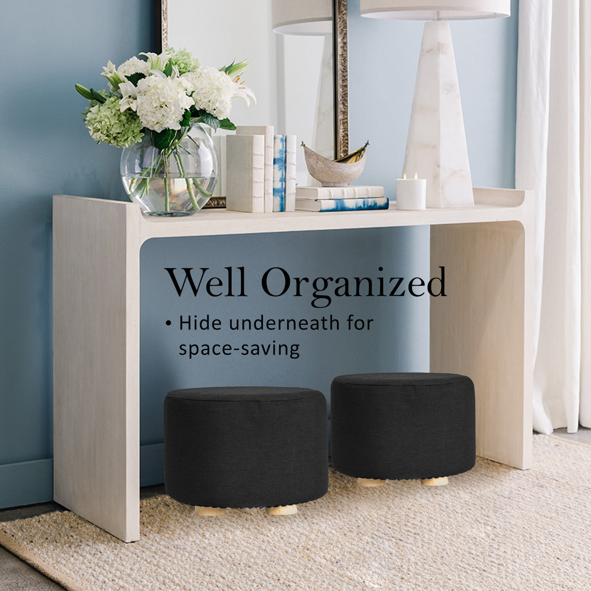 La Bella 2 Set Black Fabric Ottoman Round Wooden Leg Foot Stool