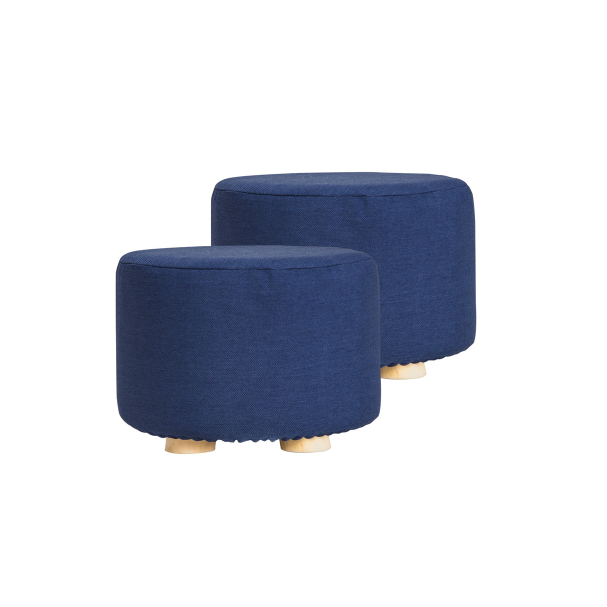 La Bella 2 Set Dark Blue Fabric Ottoman Round Wooden Leg Foot Stool