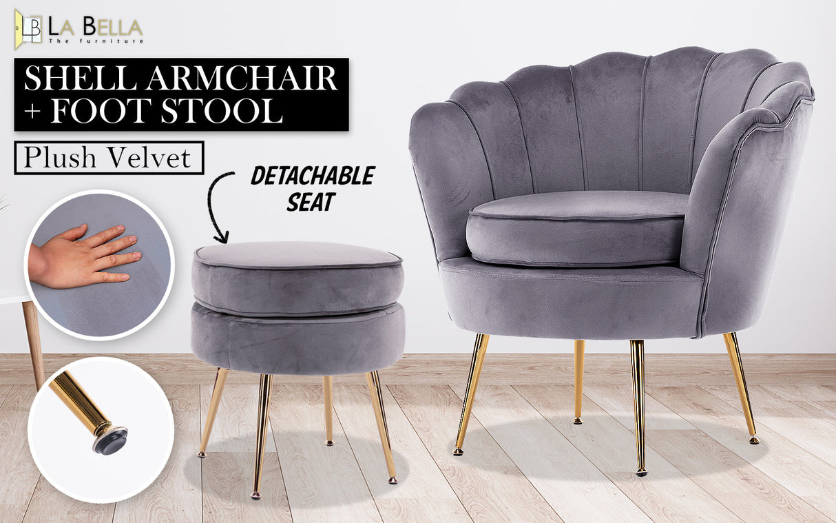 La Bella Shell Scallop Grey Armchair Accent Chair Velvet + Round Ottoman Footstool