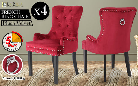 La Bella 4 Set Bordeaux Red French Provincial Dining Chair Ring Studded Lisse Velvet Rubberwood