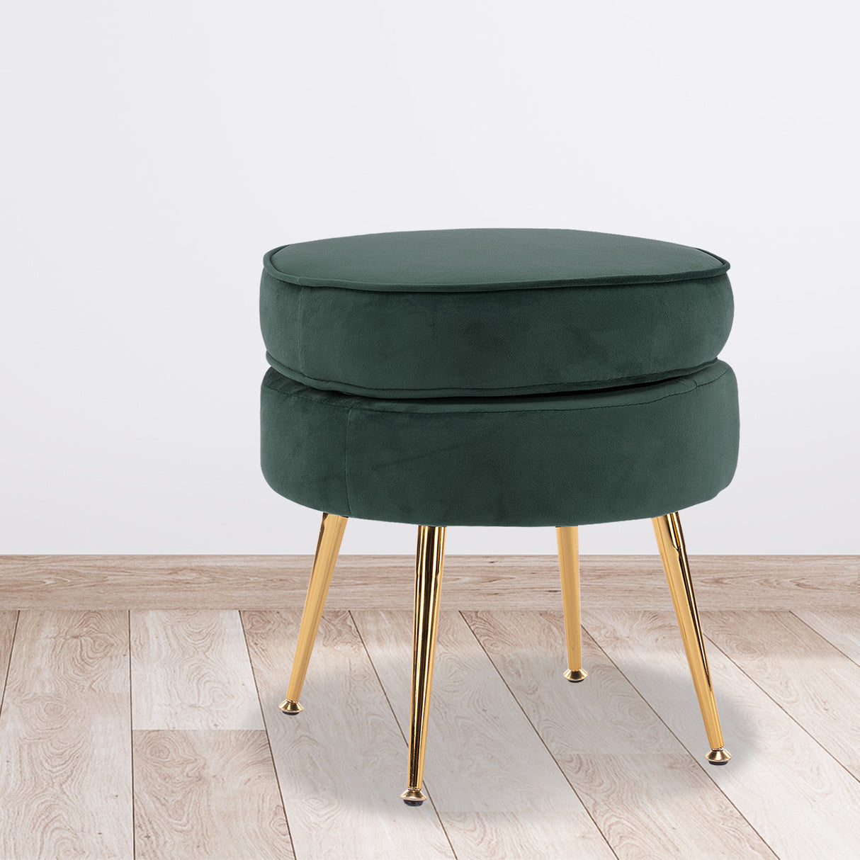 La Bella Green Round Ottoman Foot Stool Velvet Fabric Metal Leg