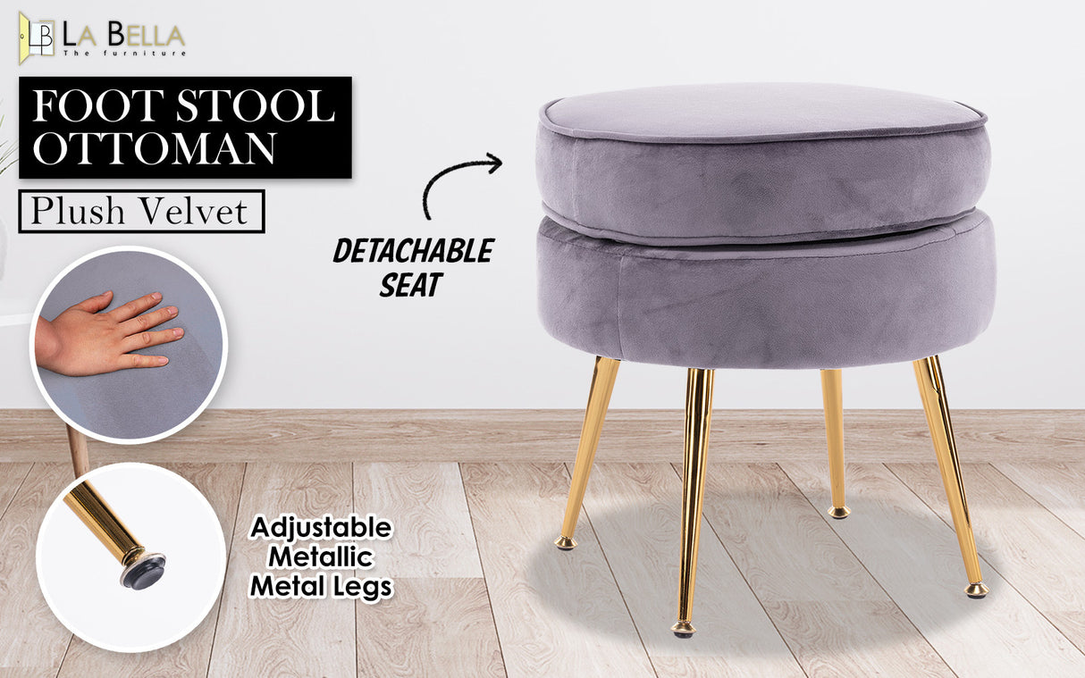 La Bella Grey Round Ottoman Foot Stool Velvet Fabric Metal Leg