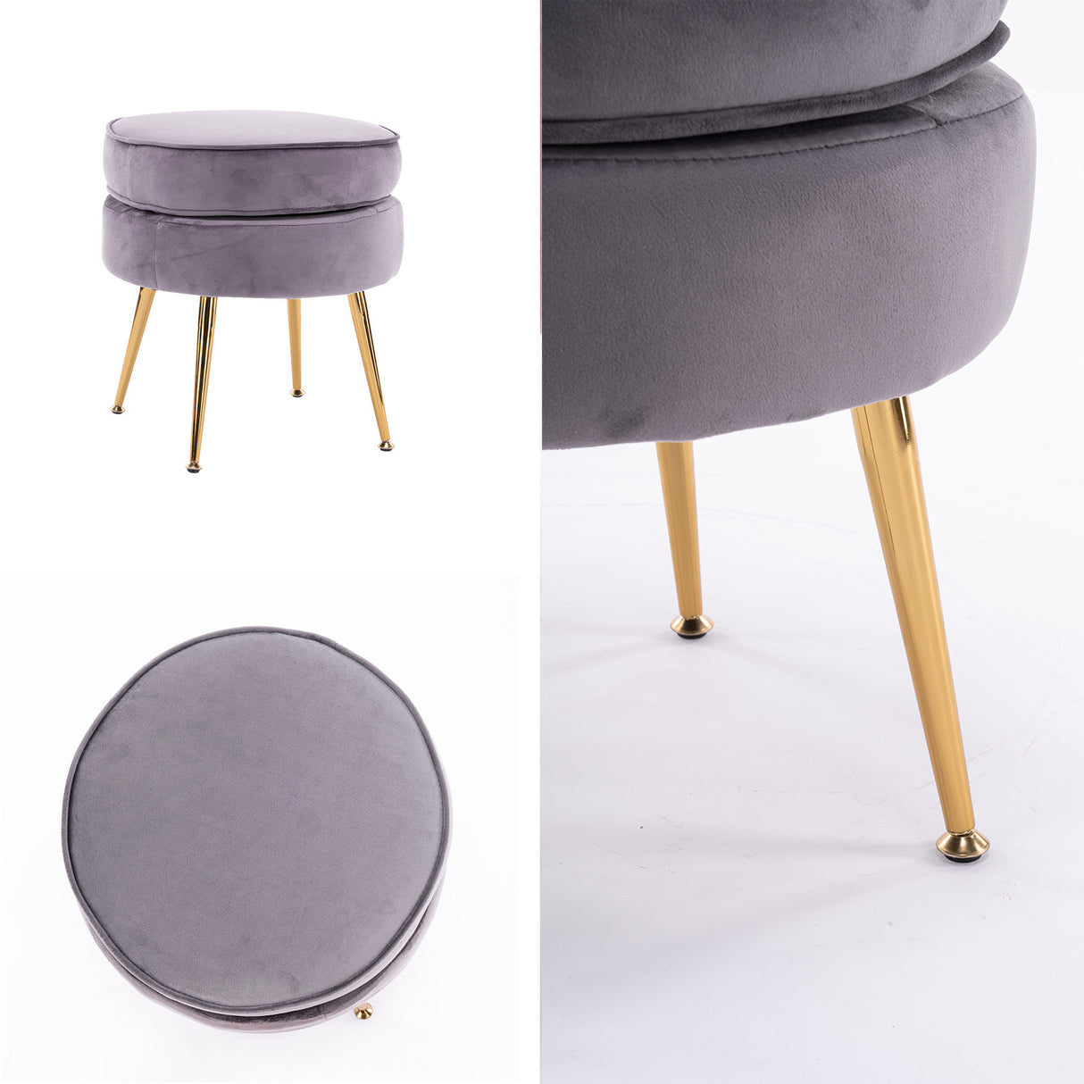 La Bella Grey Round Ottoman Foot Stool Velvet Fabric Metal Leg