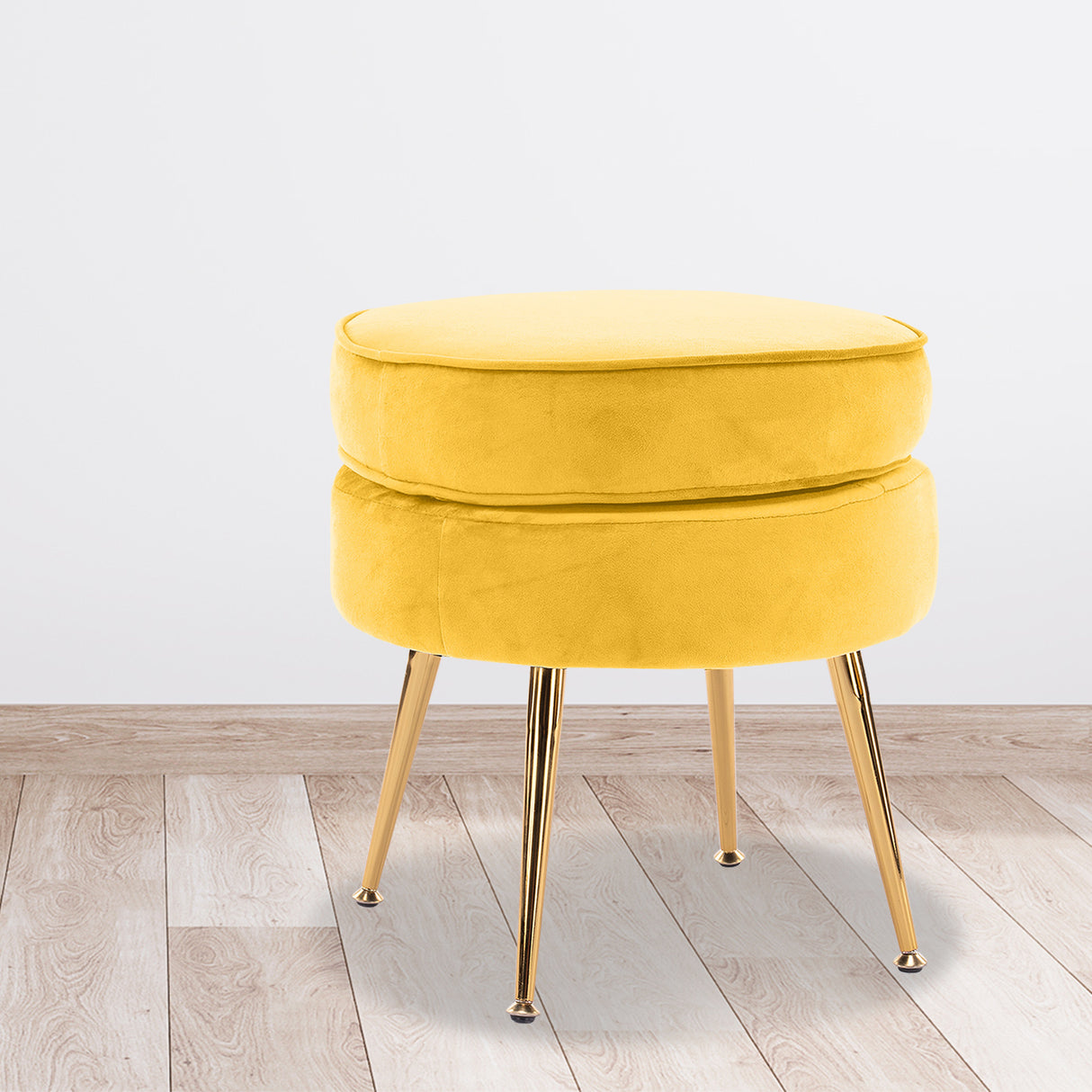 La Bella Yellow Round Ottoman Foot Stool Velvet Fabric Metal Leg