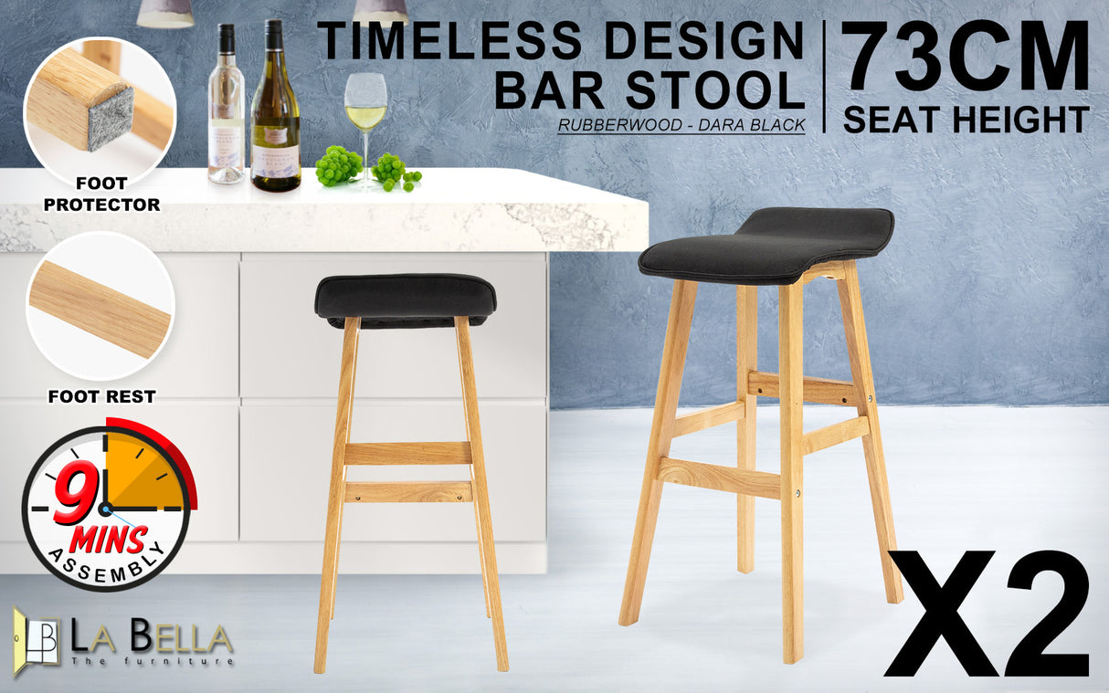 La Bella 2 Set 73cm Black Wooden Bar Stool DARA Fabric