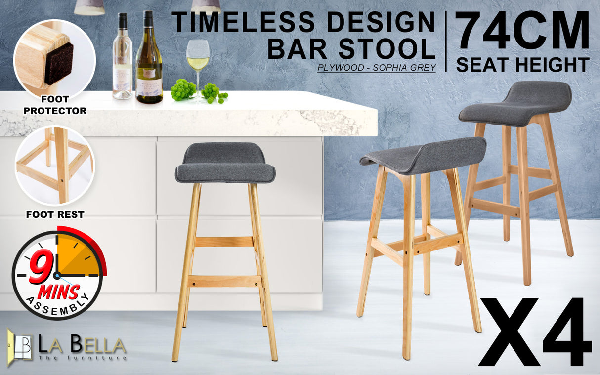 La Bella 4 Set 74cm Grey Wooden Bar Stool Sophia Fabric