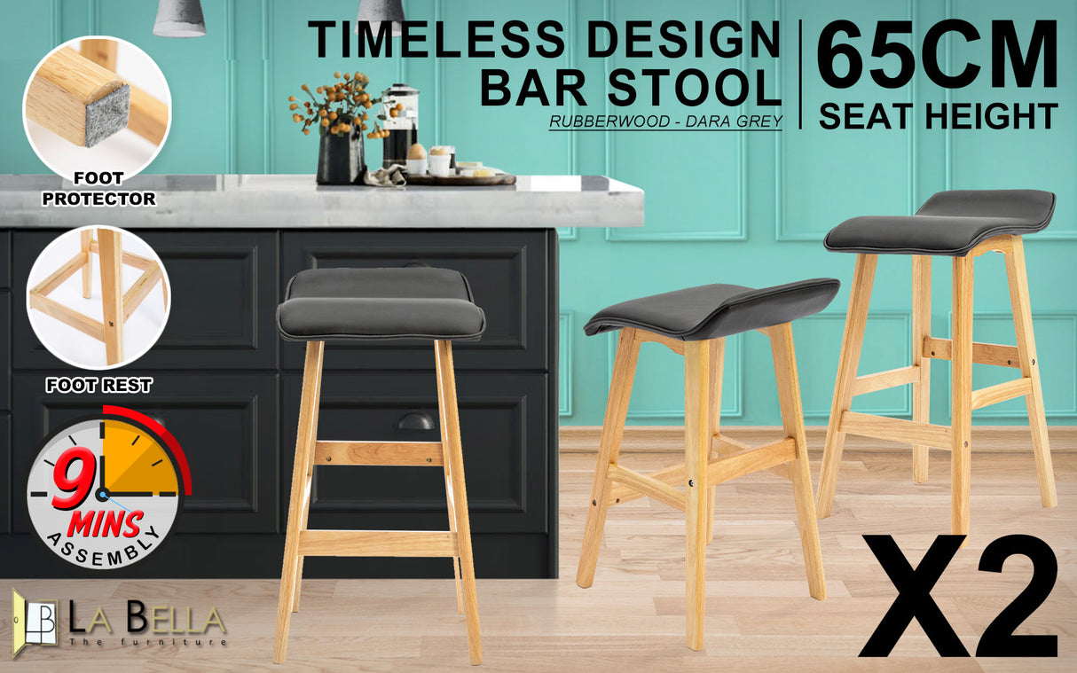 La Bella 2 Set 65cm Black Wooden Bar Stool DARA Leather