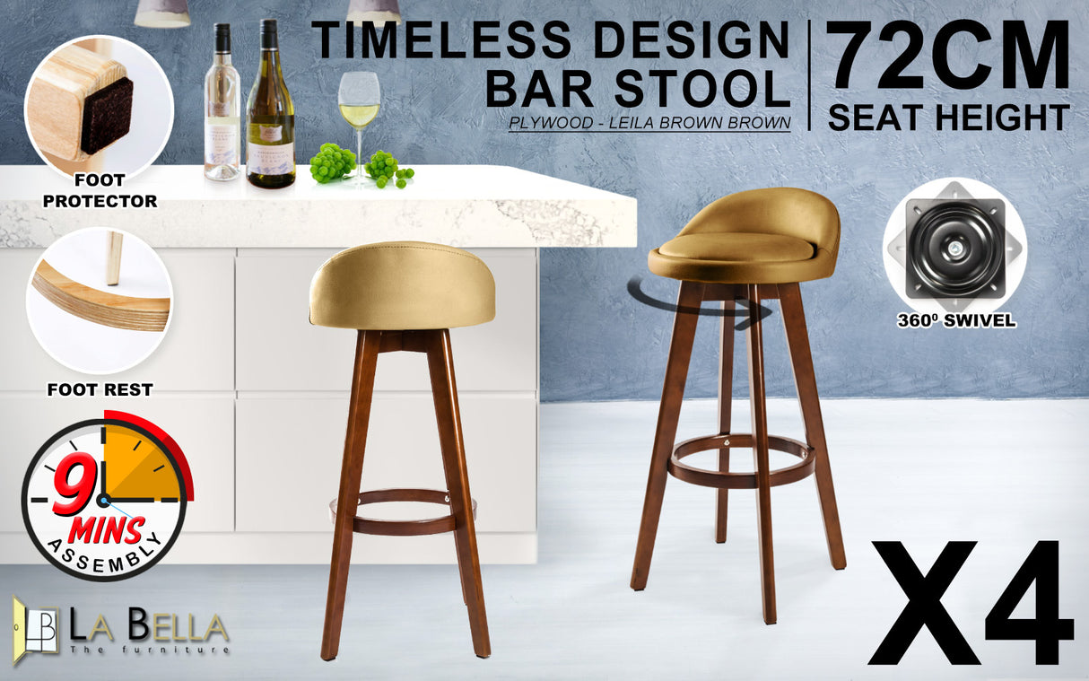 La Bella 4 Set 72cm Coffee Brown Wooden Bar Stool Leila Leather