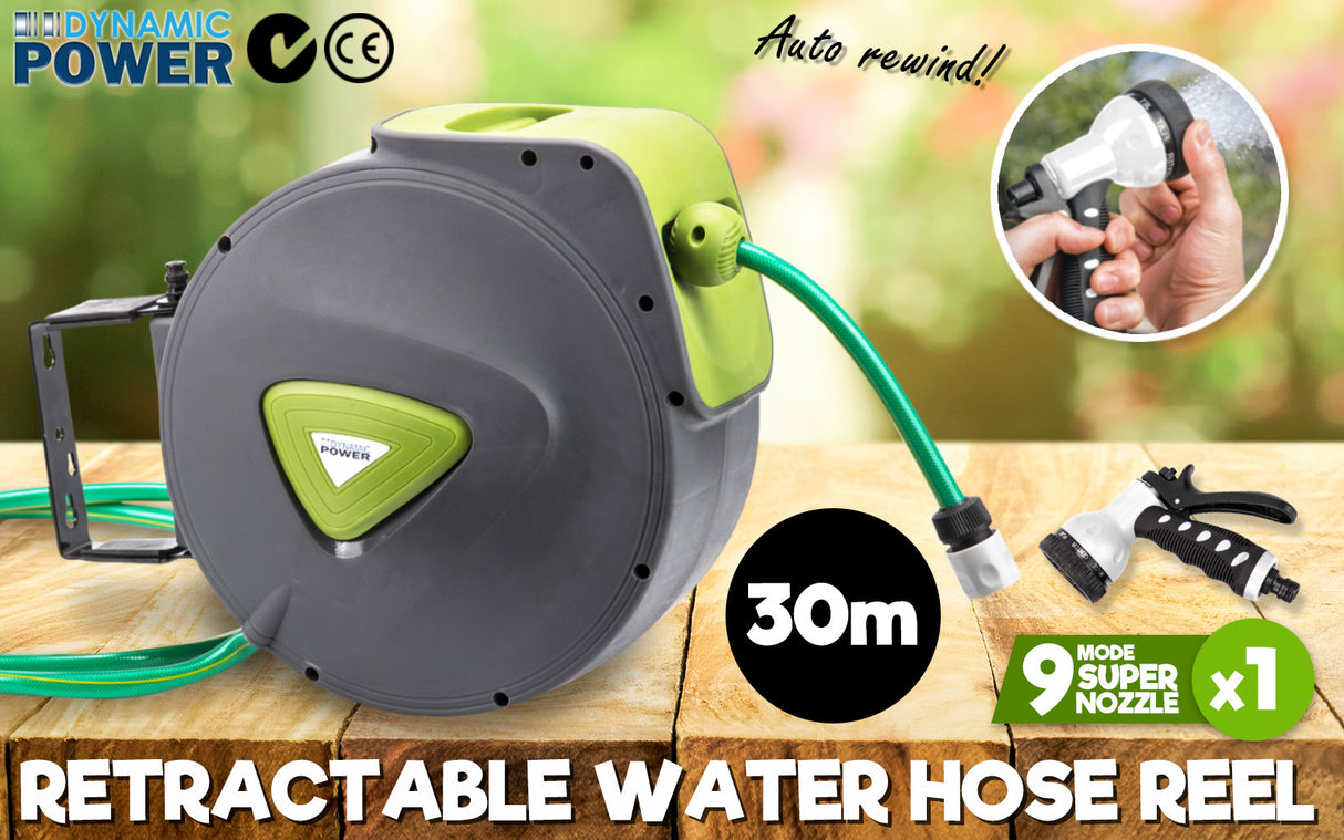 Dynamic Power Garden Water Hose 30M Retractable Rewind Reel Wall Mounted