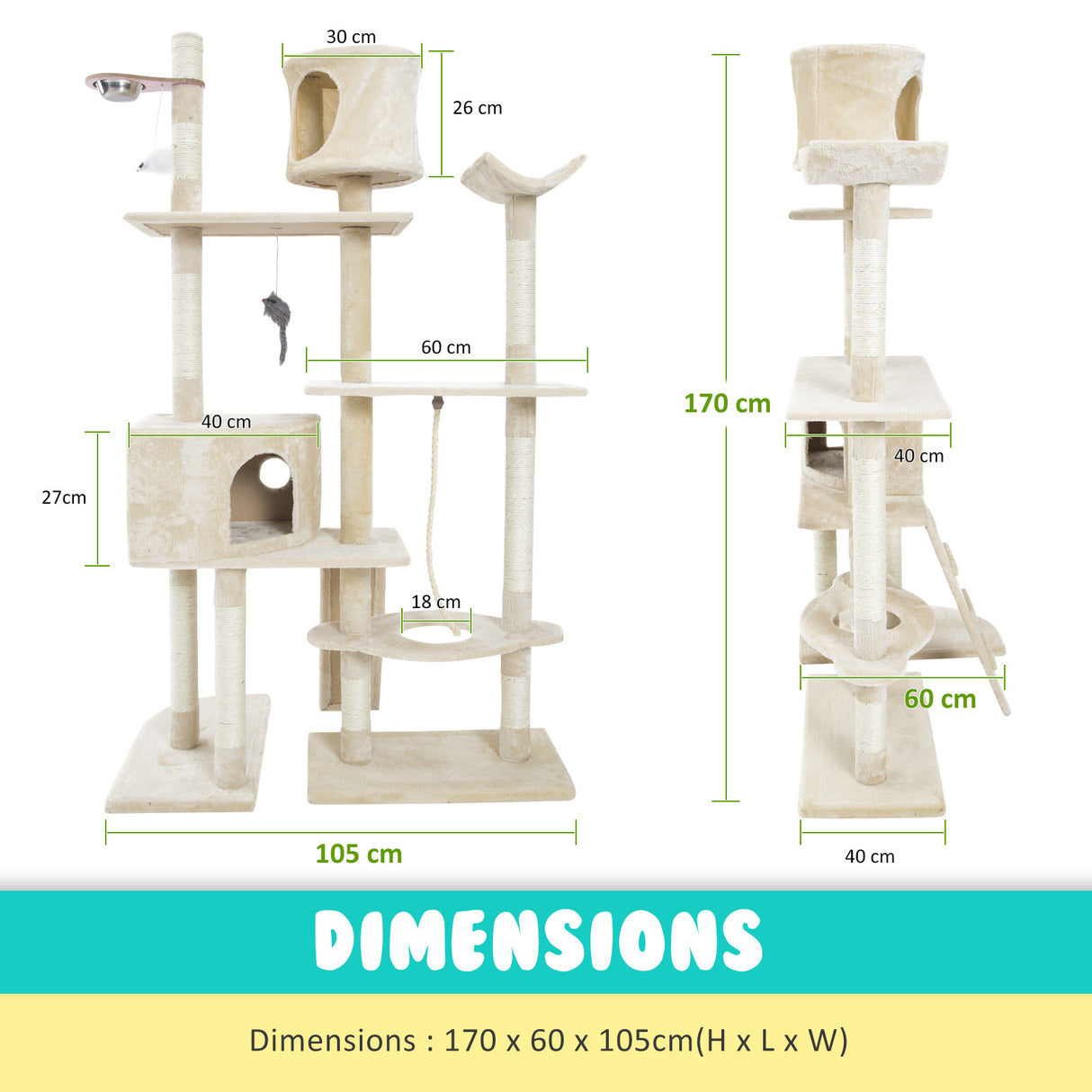 Paw Mate 170cm Beige Cat Tree Danie Multi Level Scratcher