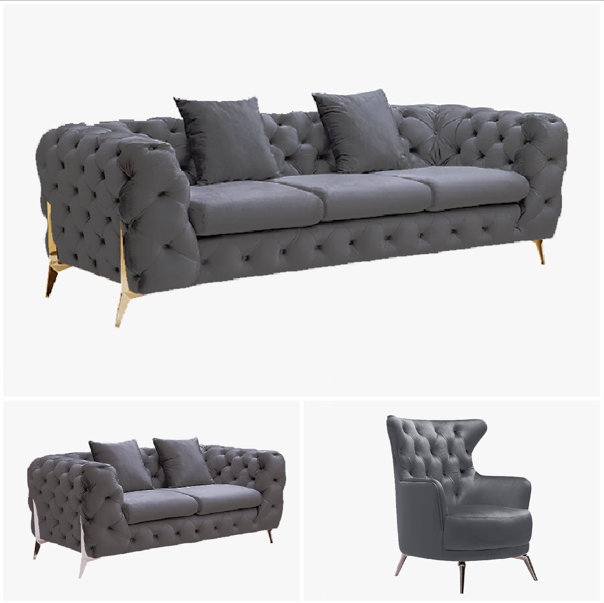 Grand Tufted Lounge - Dark Grey Velvet - Silver Legs