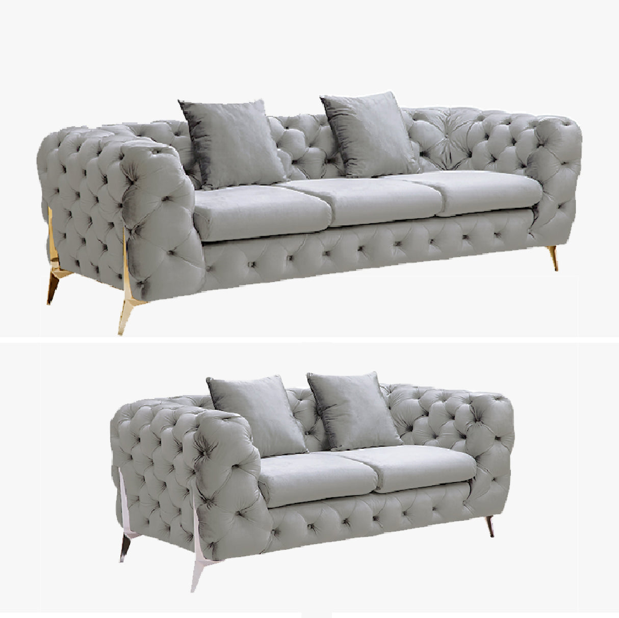 Grand Tufted Lounge - Light Grey Velvet - Gold Legs