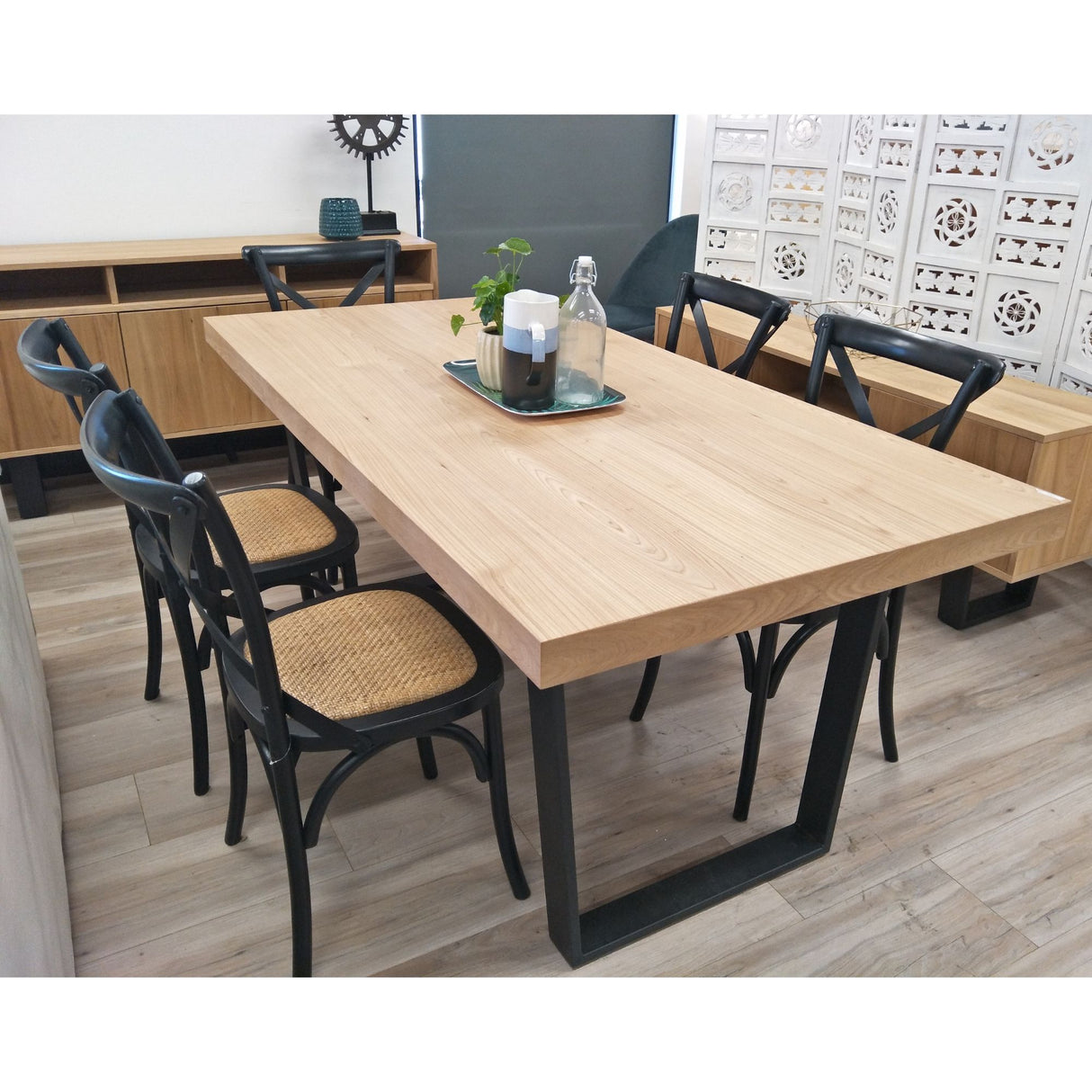 Petunia  7pc 180cm Dining Table Set 6 Cross Back Chair Elm Timber Wood Metal Leg