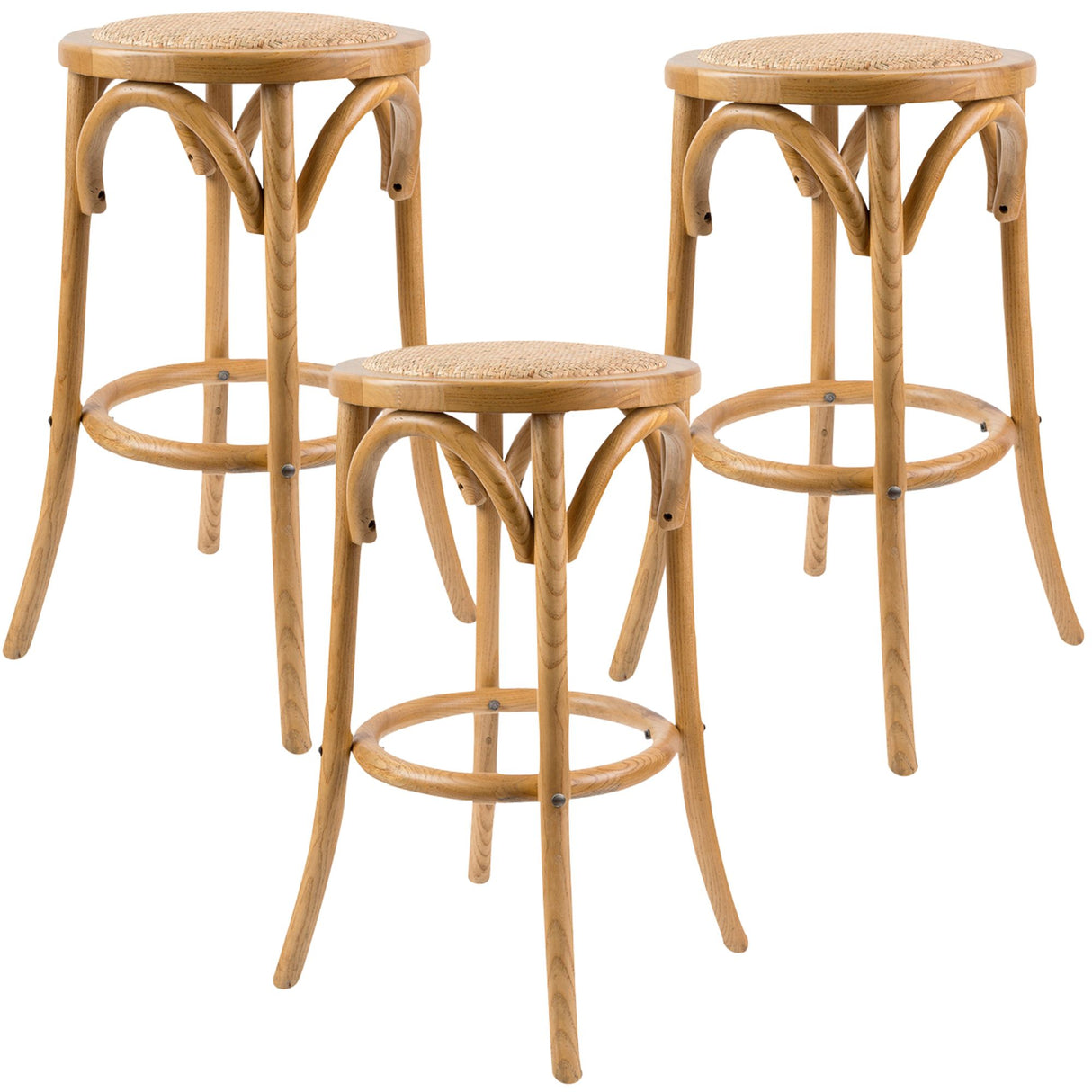 Aster 3pc Round Bar Stools Dining Stool Chair Solid Birch Wood Rattan Seat Oak