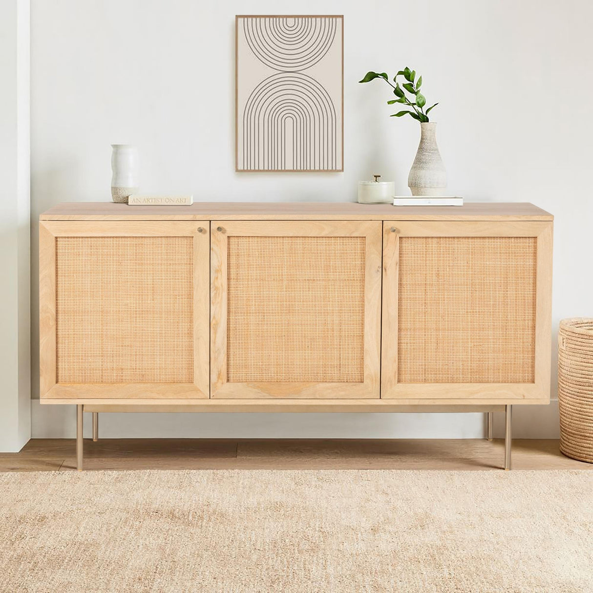 Martina Buffet Table Sideboard 145cm 3 Door Solid Mango Wood Storage Cabinet