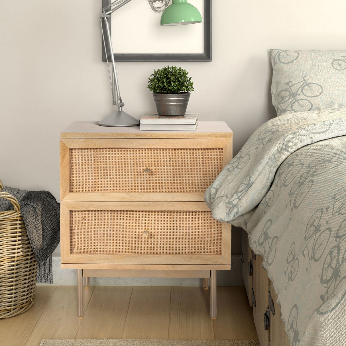 Martina Bedside Table 2 Drawer Storage Cabinet Solid Mango Wood Rattan