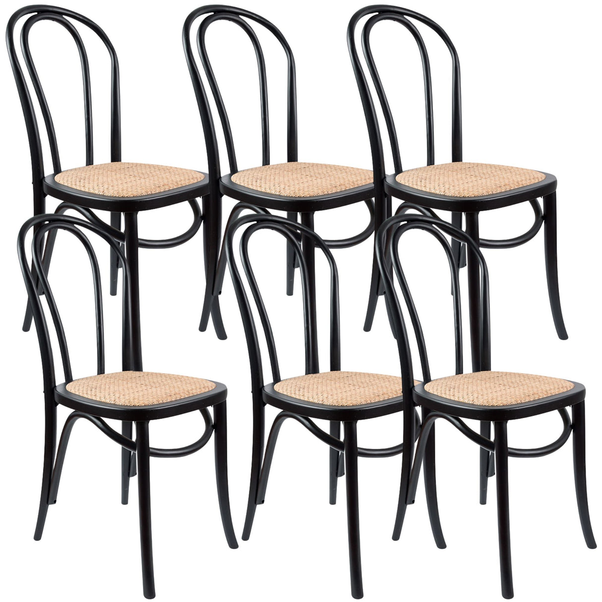 Azalea Arched Back Dining Chair 6 Set Solid Elm Timber Wood Rattan Seat - Black