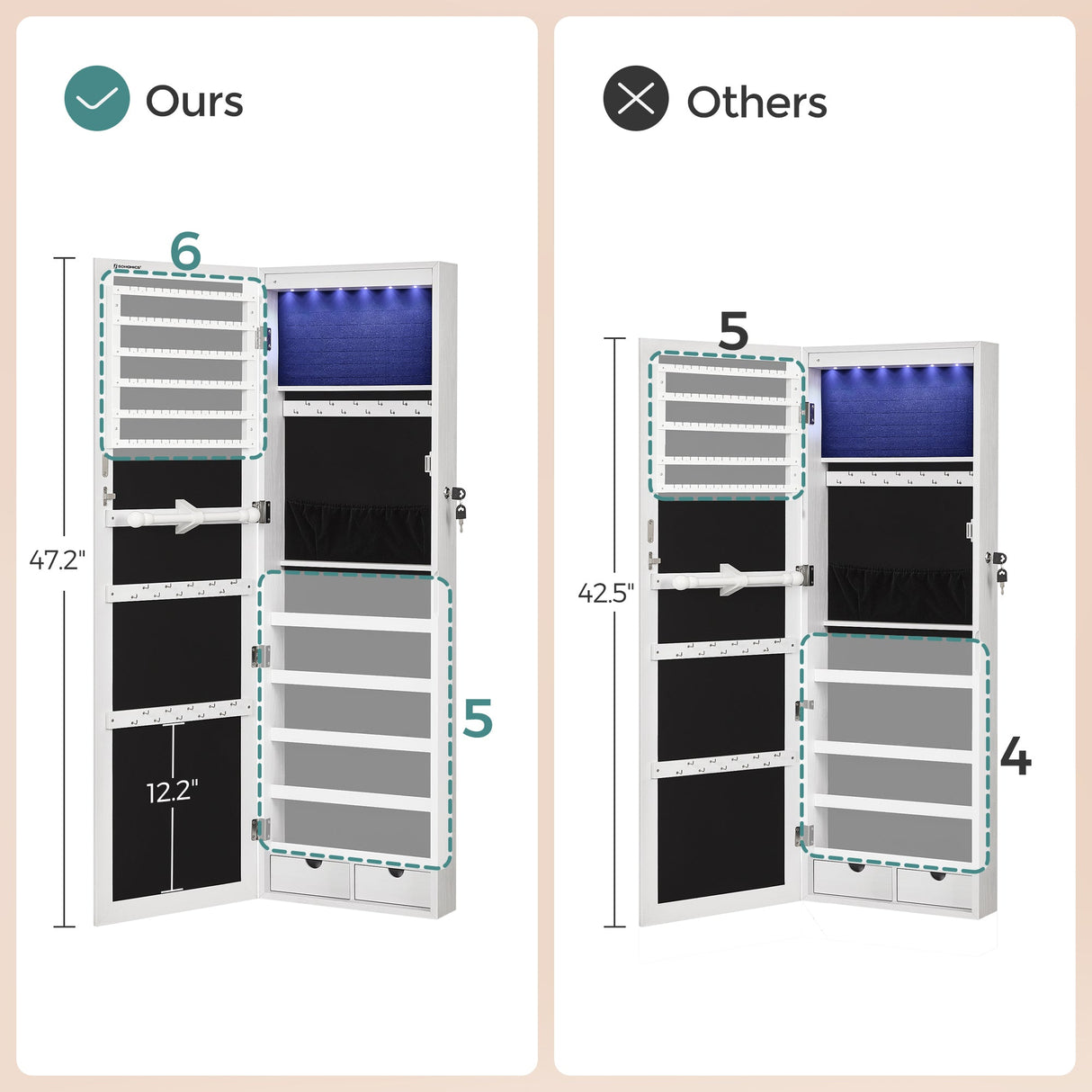 SONGMICS 6 LEDs Mirror Jewelry Cabinet