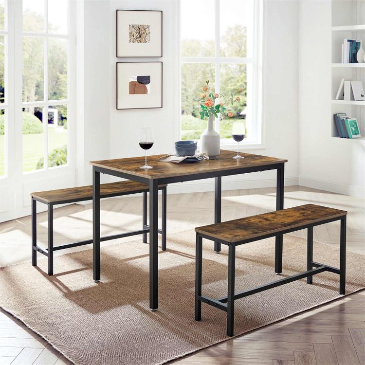 VASAGLE Industrial Rustic Brown Dining Table with 2 Benches