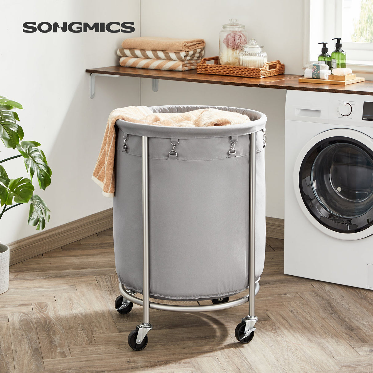 SONGMICS Laundry Basket with Wheels Gray and Silver