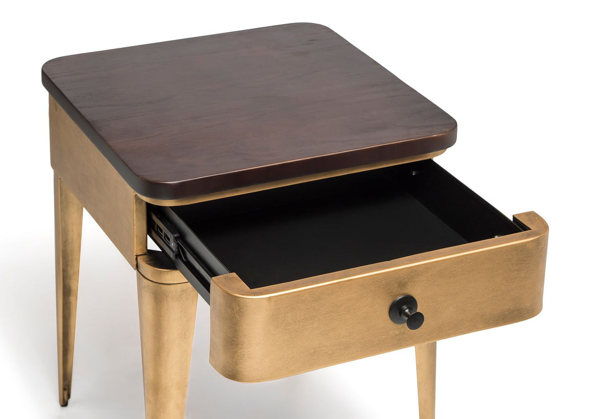 Modern Bedside Table in Brass Finish with Storage Drawer and Wood Top