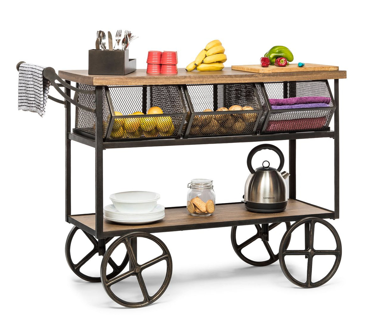 Retro Wooden Kitchen Island Trolley on Wheels with Storage Drawers