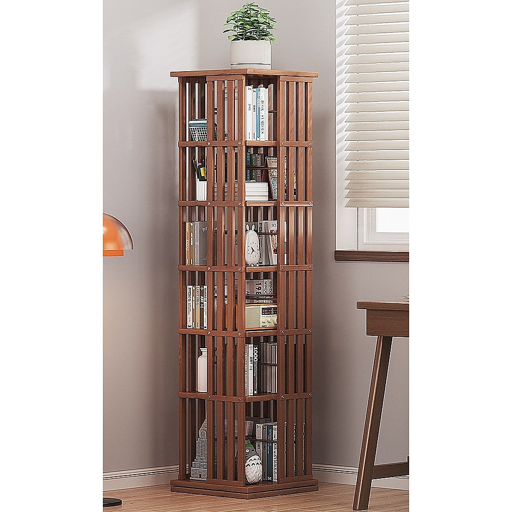 360 Rotating Bookshelf Bamboo Storage Display Rack Shelving in Dark Wood